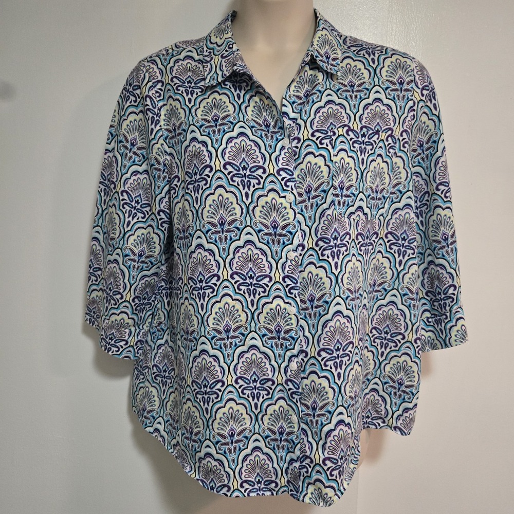 Chico's Size 3 (XL) Linen Blue Purple Paisley 3/4 Sleeve No-Iron Tunic Blouse
